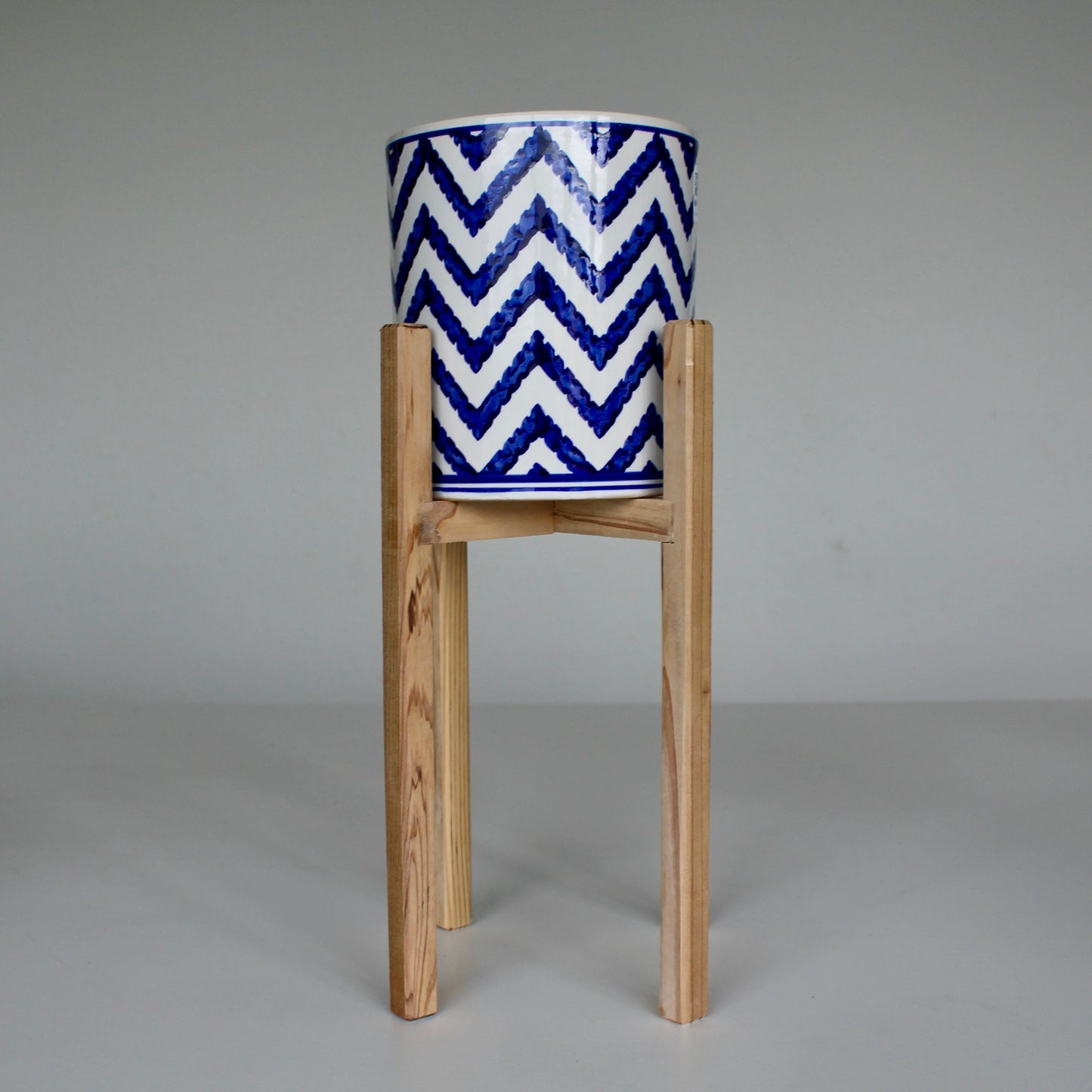 Upcycled 6 in. Straight Blue and White Chevron Striped Pot with Drainage | Natural 8 in. x 12 in. Plant Stand