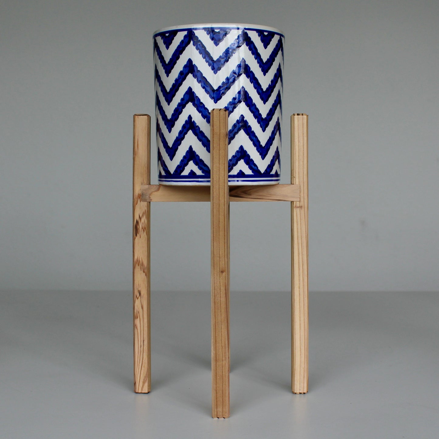 Upcycled 6 in. Straight Blue and White Chevron Striped Pot with Drainage | Natural 8 in. x 12 in. Plant Stand