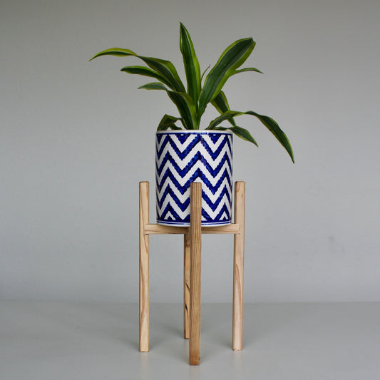 Upcycled 6 in. Straight Blue and White Chevron Striped Pot with Drainage | Natural 8 in. x 12 in. Plant Stand