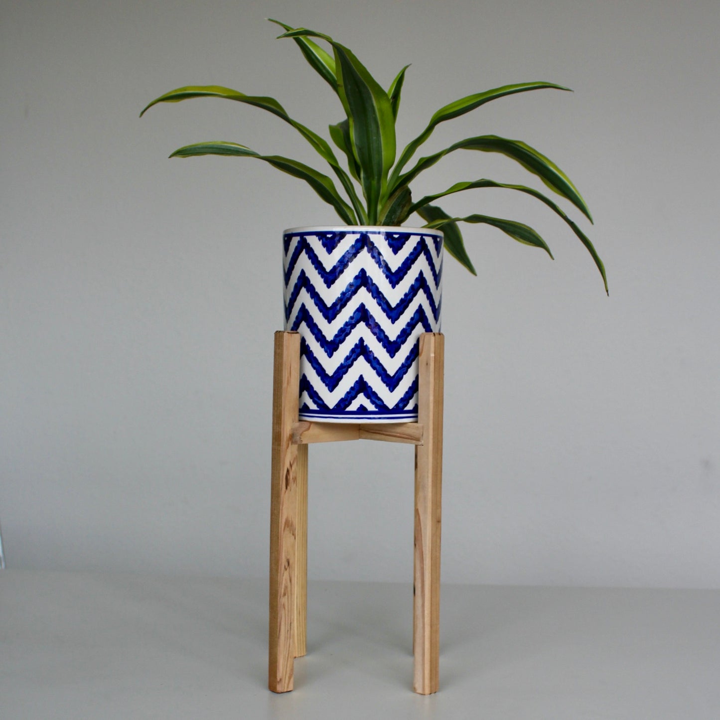 Upcycled 6 in. Straight Blue and White Chevron Striped Pot with Drainage | Natural 8 in. x 12 in. Plant Stand
