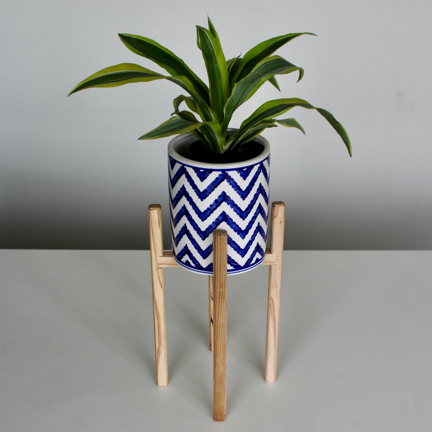 Upcycled 6 in. Straight Blue and White Chevron Striped Pot with Drainage | Natural 8 in. x 12 in. Plant Stand