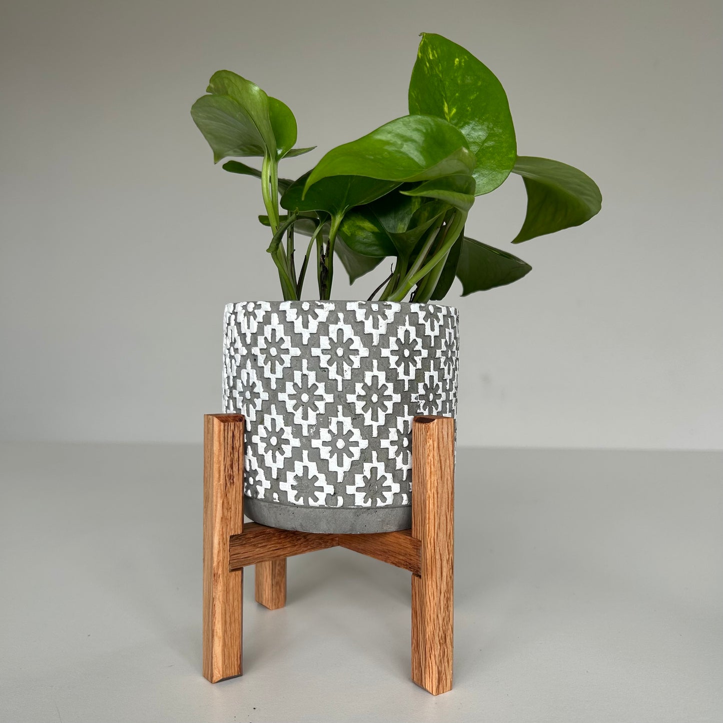 Upcycled 4 in. Straight Grey Santa Fe Pot with Drainage | Natural 8 in. x 5 in. Plant Stand (Copy)