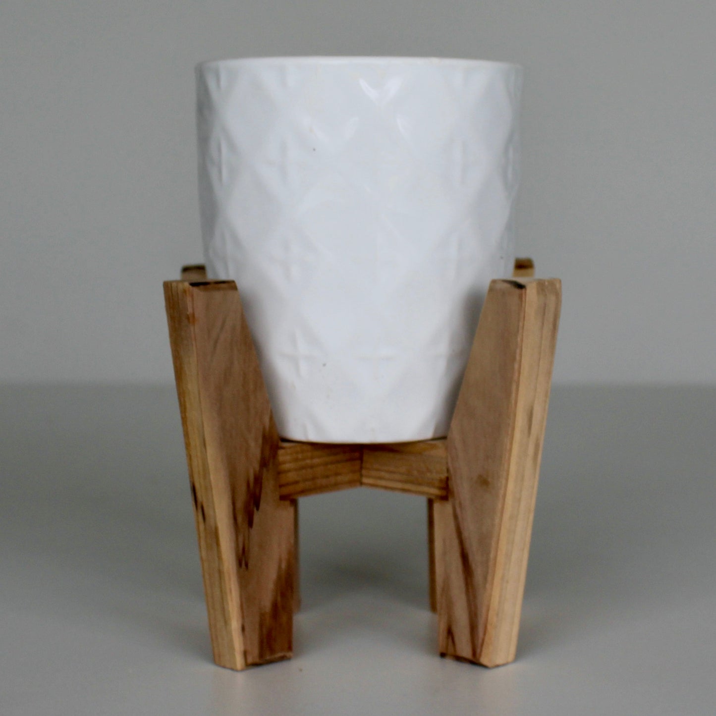 Upcycled 4 in. Rounded Tapered White Pot with Embossed Star Detail and Drainage hole | Natural 4 in. x 4 in. Plant Stand