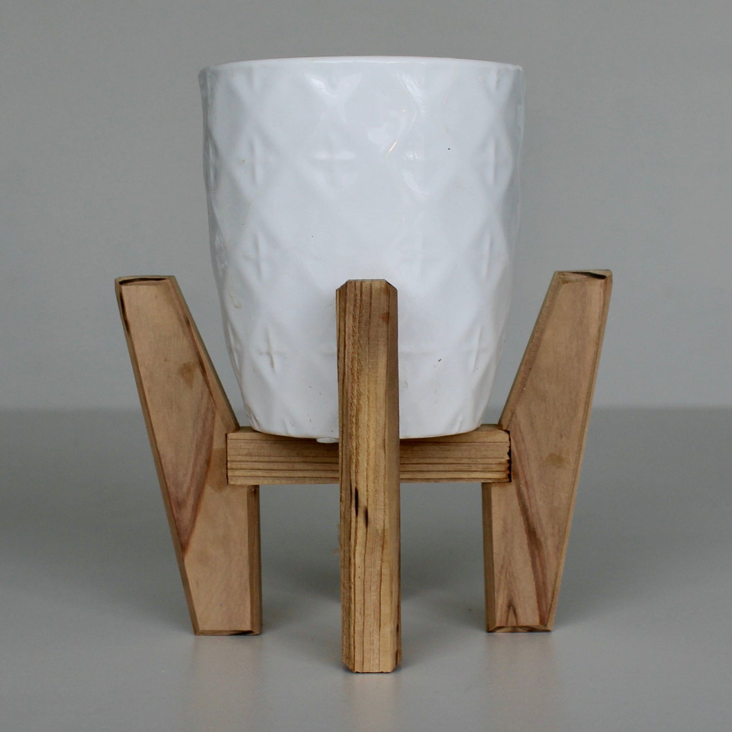 Upcycled 4 in. Rounded Tapered White Pot with Embossed Star Detail and Drainage hole | Natural 4 in. x 4 in. Plant Stand