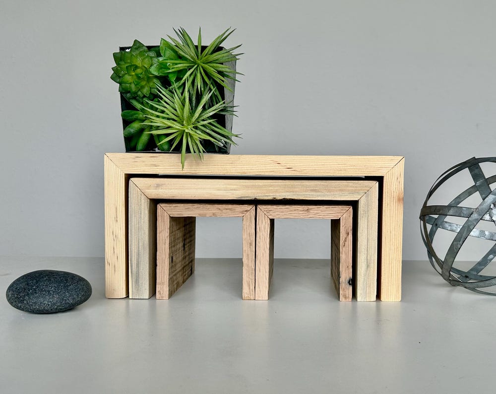 LB U-Configuration 4-set: Graduated red cedar plant risers. A modular timber foundation and tectonic anchor set for architectural interior displays by SBW Studio.